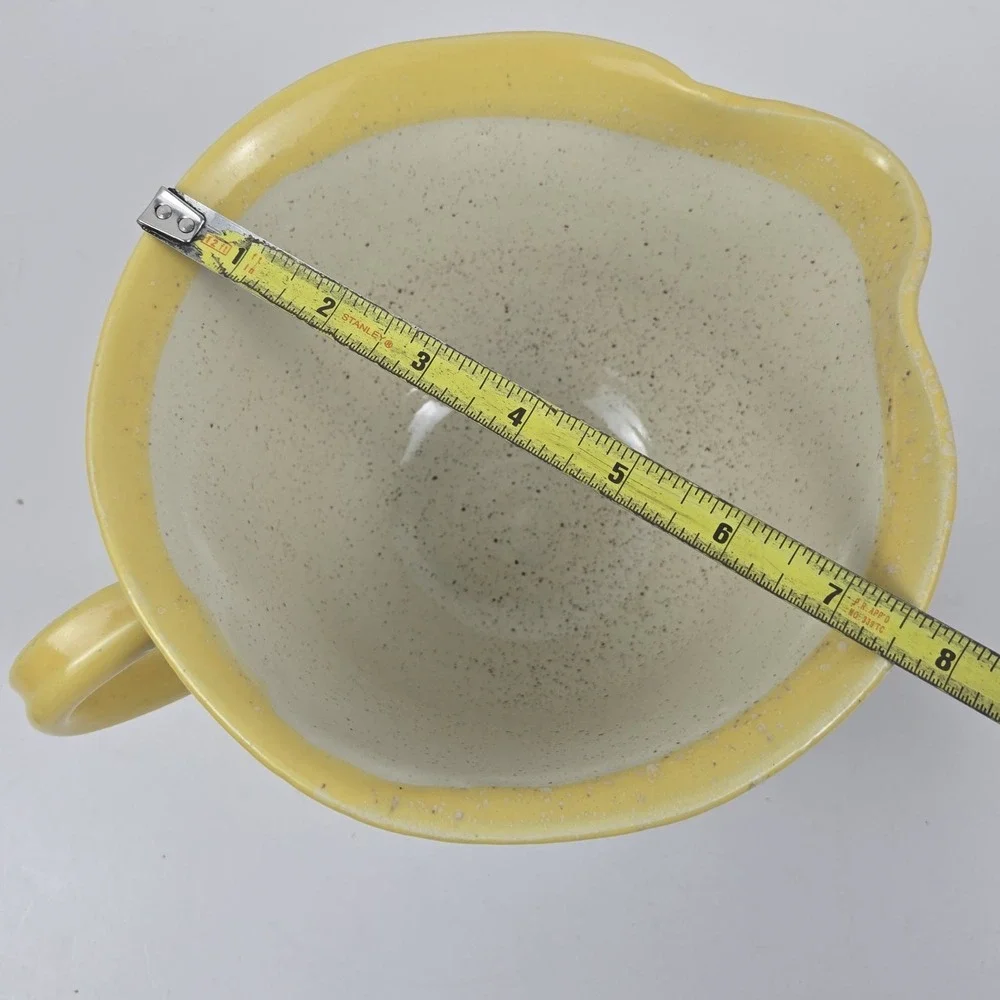 Vtg Art Pottery Yellow Speckled Batter Mixing Bowl Spout Handle Signed Farmhouse